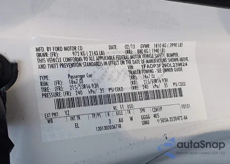 2013 Ford Focus Se z USA, uszkodzony, nr VIN 1FADP3F29DL239824